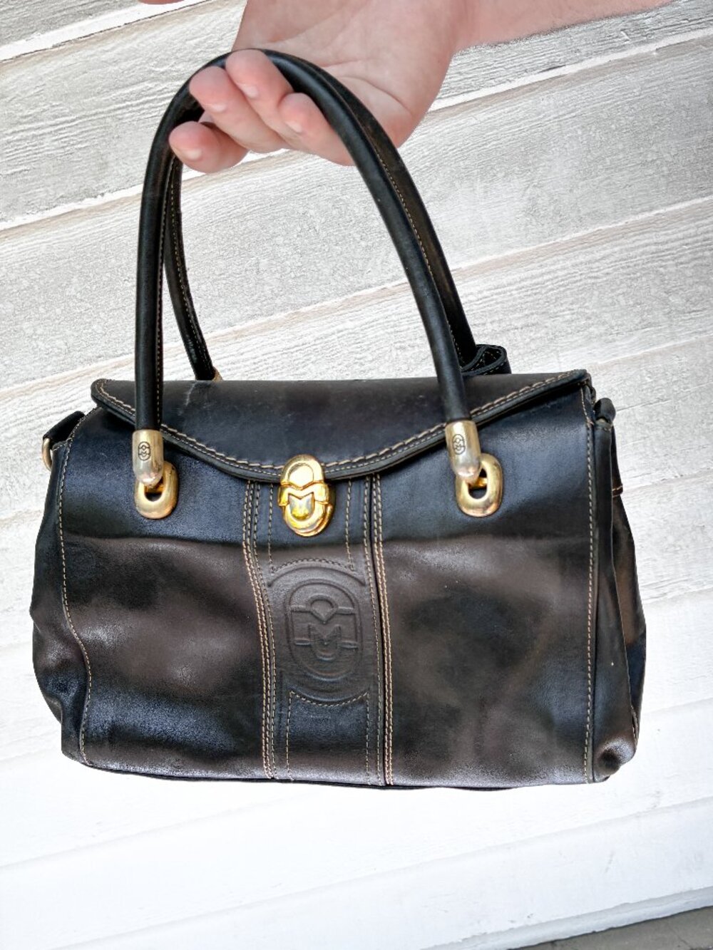 Italian Vintage Marino Orlandi Black Leather Top Handle Satchel / Crossbody Bag